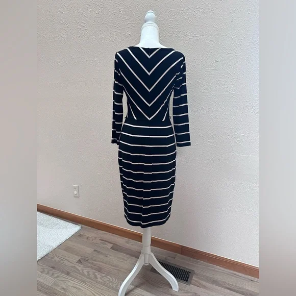 White House Black Market Black White Tan Striped Long Sleeve Dress Size 4 - Picture 10 of 11